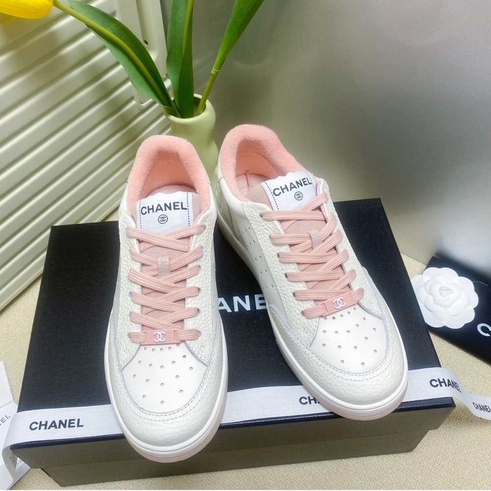 CHANEL Women's White and Pink Lace-Up Sneakers